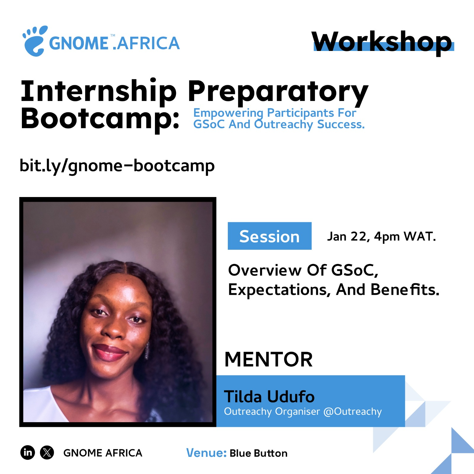 Poster advertising Tilda Udufo's talk at GNOME Africa's Preparatory Bootcamp