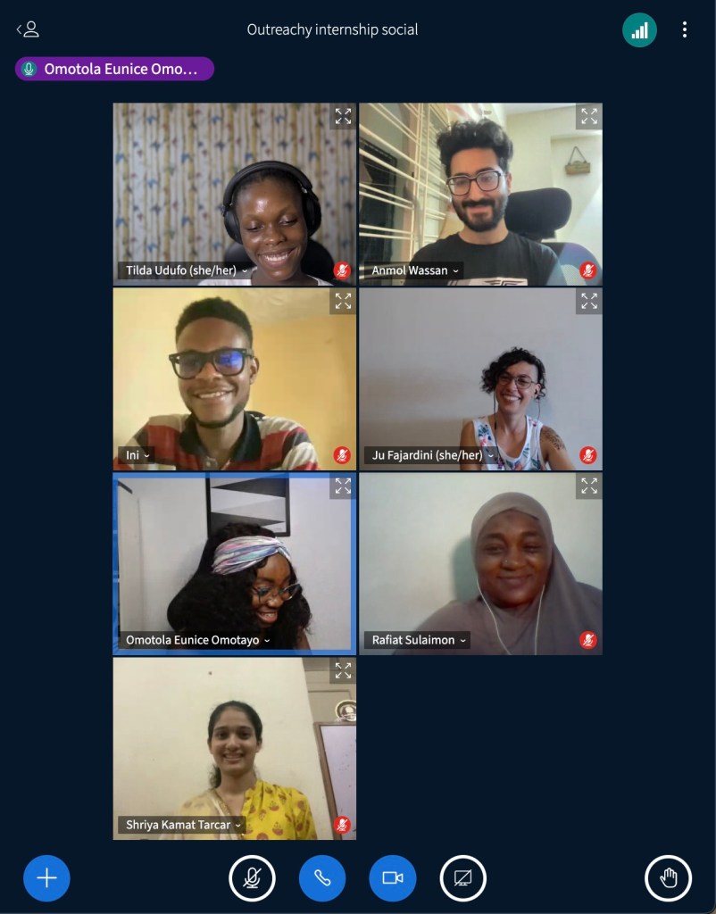A screenshot from the December 2023 cohort internship social. There are 7 people in the photo, which include Tilda Udufo, Omotola Omotayo - Outreachy community manager, two Outreachy mentors, and three Outreachy alums.