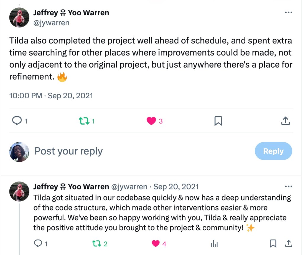 My Outreachy mentor sharing the work I did during my internship—a reminder of how encouragement from those around you can make all the difference in building confidence.